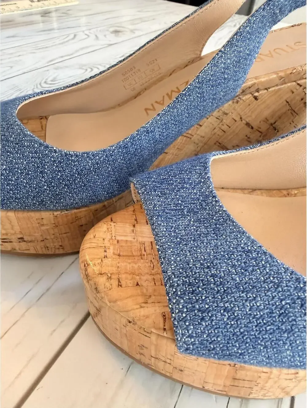 Stuart Weitzman Women's Size 6 Jean Denim Cork Wedge Peep Toe Slingback Sandals - Picture 12 of 15